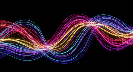 Vibrant Wavy Lines of Light Creating an Abstract Musical Soundwave Pattern on Black Background