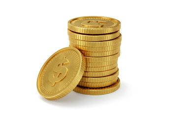 A vibrant stack of gleaming gold dollar coins symbolizing wealth, financial growth, and monetary prosperity, meticulously rendered against a pristine white background with subtle reflections