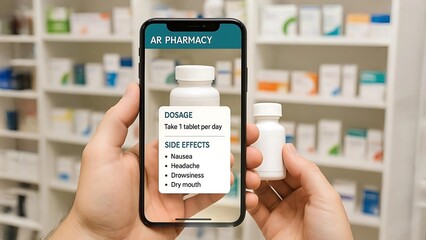 AR Pharmacy App Showing Dosage and Side Effects on Medicine Bottle