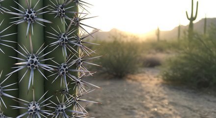 Close-up view of a majestic saguaro cactus, its sharp spines catching the warm, golden light of a desert sunset, highlighting the rugged beauty and serene vastness of the arid landscape