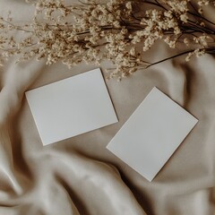 Blank Cards Laid on Soft Fabric With Dried Flowers Artfully Arranged Around Them.