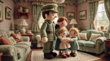 Adorable felted soldier father with smiling wife and children standing in cozy vintage living room with soft furniture, family hugging soldier on Veterans Day. Style: felted. Heartfelt atmosphere