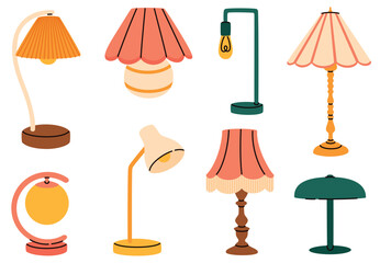 A set of different cute table lamps. Flat vector illustration.