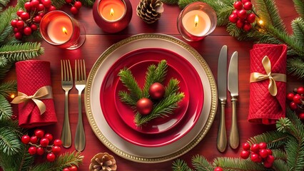 Photo of elegant christmas table setting with red plates, gold charger, festive greenery, red berries, and lit candles, arranged for a special holiday meal