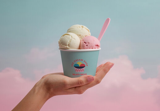 Ice Cream Cup Mockup with Pastel Sky Background