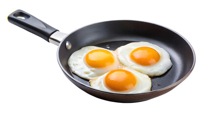 Three fried eggs in a pan isolated on transparent background, a classic breakfast staple with sunnysideup eggs ready to be served and enjoyed