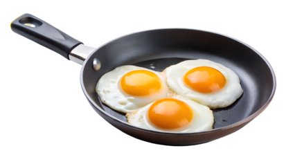 Three fried eggs in a pan isolated on transparent background, a classic breakfast staple with sunnysideup eggs ready to be served and enjoyed