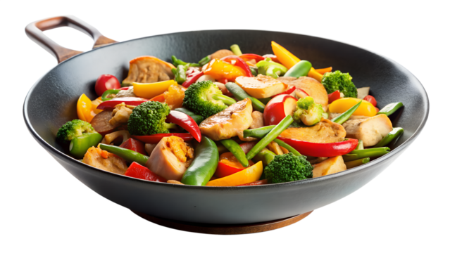 Delicious chicken stirfry with fresh vegetables in a wok isolated on transparent background, a healthy and flavorful meal perfect for any occasion