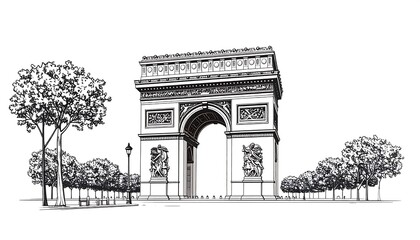 Fototapeta premium Detailed black and white sketch of the Arc de Triomphe with surrounding trees and a park-like setting.