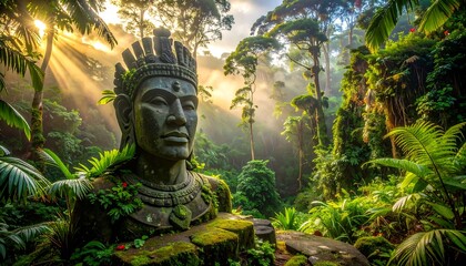A magnificent stone statue of a regal figure, bathed in golden sunlight, stands amidst a lush, vibrant jungle, evoking a sense of ancient mystery and tropical serenity.