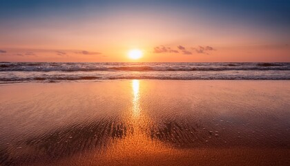 Serene Beach Sunset With Gentle Waves And Vibrant Bokeh Lights Reflecting On Wet Sand A Dreamy Atmosphere