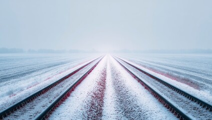 Snow-covered railway tracks vanish into fog