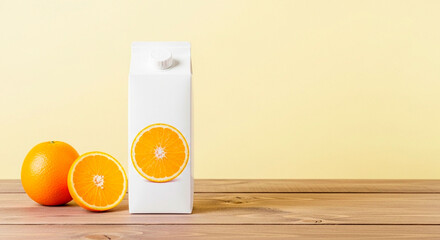 Naklejka premium Vibrant, warm-toned image of a paper box with a halved orange label, alongside a whole ripe orange and another halved orange, on a light yellow background, with items shifted left on a wooden table.