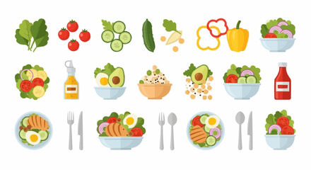 Healthy eating healthy salad ingredients and recipes for meal prep and balanced diet with fresh vegetables and protein sources vector