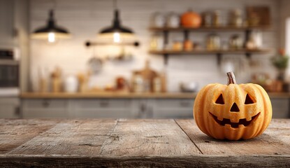 Halloween pumpkin on a wooden table with blurred kitchen interior background, festive seasonal decoration for product display or autumn montage concept