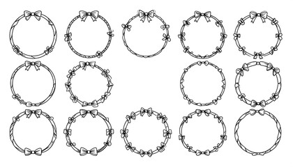 Set of twelve circular decorative frames, each adorned with delicate bows and ribbon, creating a collection of elegant and intricate design elements.