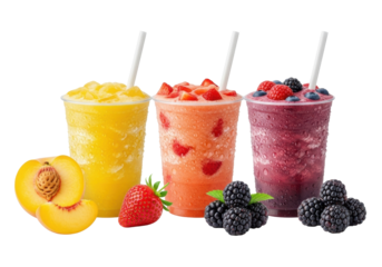 Vibrant, frosty fruit smoothies in clear cups with ice and straws, with fresh fruit, on a transparent background. Concept for healthy beverage advertising