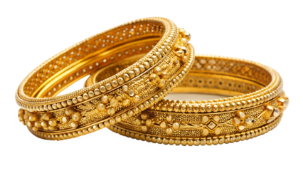 Exquisite gold bangles, traditional indian jewelry, isolated on transparent background, featuring detailed patterns and craftsmanship for cultural events and bridal wear