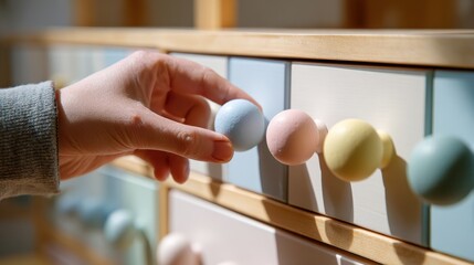 Hand reaching for pastel knob on colorful wooden cabinet drawer in sunlight