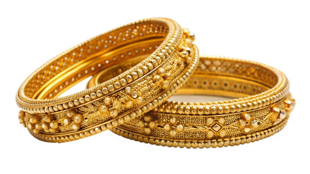 Exquisite gold bangles, traditional indian jewelry, isolated on transparent background, featuring detailed patterns and craftsmanship for cultural events and bridal wear