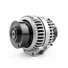 Detailed view of vehicle alternator with visible copper coils, cooling vents, and pulley. Ideal for car repair, mechanical engineering, and auto part catalog visuals. AI generated.
