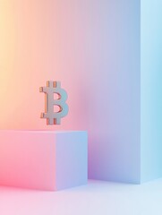 Colorful bitcoin symbol on a platform against a soft gradient background showcasing modern digital currency trends and technology innovations