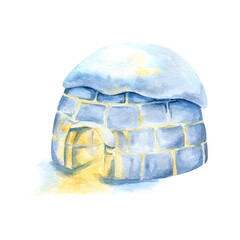Igloo with light inside and snow on top. Watercolor glowing icehouse ice blocks. North traditional winter house of Inuit, Eskimo. Isolated clip art Christmas landscape design, children's book, card