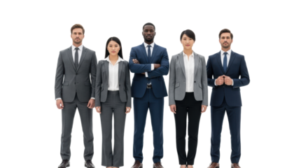 Diverse group of five confident business professionals in modern business attire, standing united against a transparent background with copy space, symbolizing teamwork and corporate success