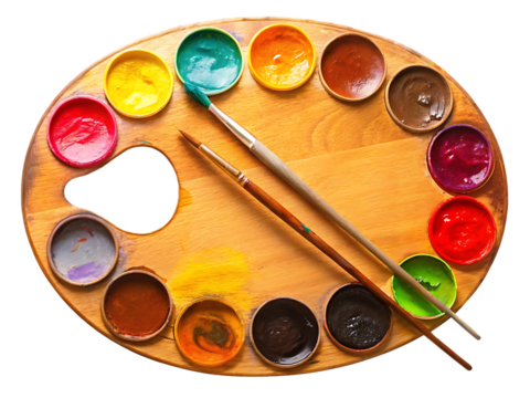 Wooden palette with colorful paints and brushes isolated on a transparent background - Powered by Adobe