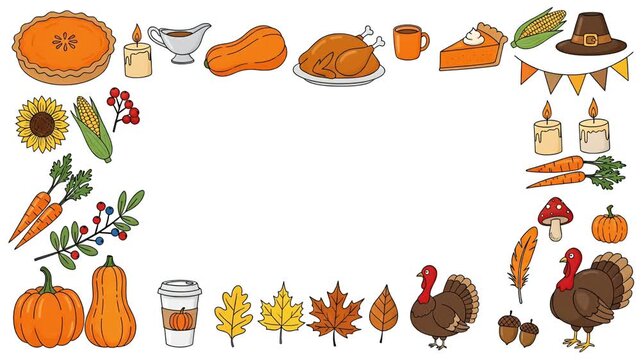 Thanksgiving Border with Cute Cartoon Characters and Autumn Food Elements, looping animation