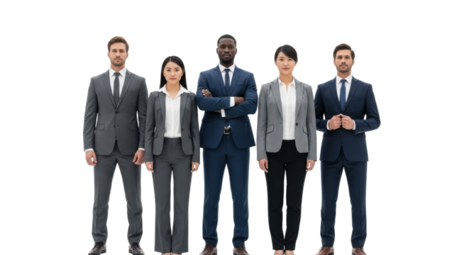 Diverse group of five confident business professionals in modern business attire, standing united against a transparent background with copy space, symbolizing teamwork and corporate success