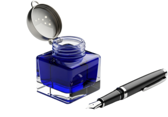 Classic square glass inkwell with vibrant deep blue ink, open silver lid, and sleek black fountain pen on a transparent background, concept of writing and creativity