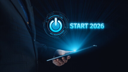 Start 2025 concept with futuristic power button symbolizing fresh beginnings, innovation, and digital transformation. Start 2025, new goals, and start 2025 initiative. Elide