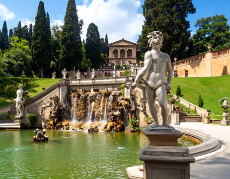 Picturesque Italian garden with a cascading waterfall and statues