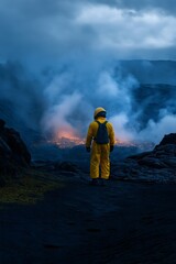 Obraz premium Volcanologist in heat-resistant suit and gas mask stands on black ash plain near active vent