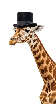 giraffe wearing a top hat, formal attire, on a solid white background