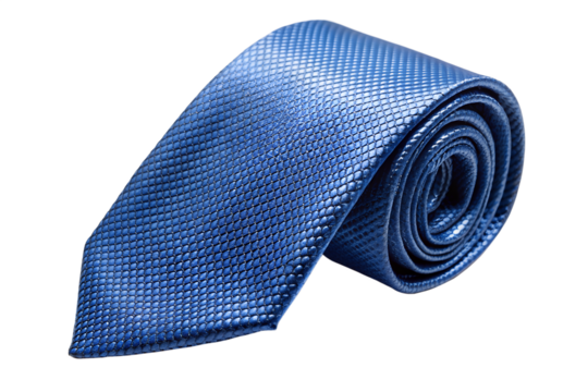 Elegant blue necktie rolled on a white surface, showcasing its intricate texture and design isolated on transparent background perfect for formal wear or business attire