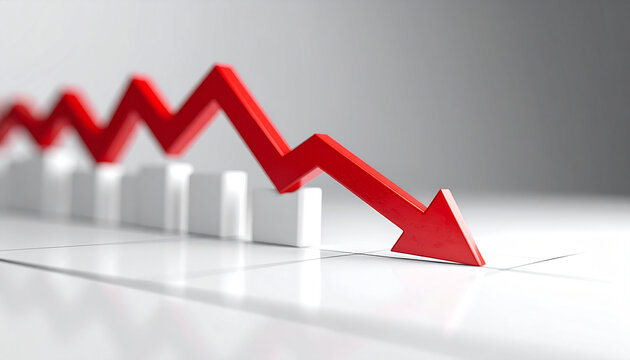 Minimalist white graph with red downward arrow, financial decline and business risk.