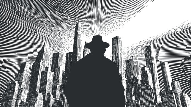 A dramatic silhouette of a detective against a stylized city skyline in black and white.