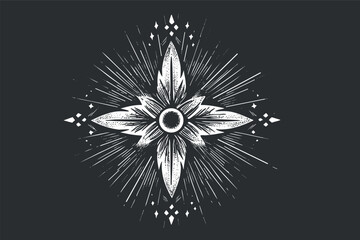 Fototapeta premium A vintage floral star design with intricate details and dynamic rays on a dark background.