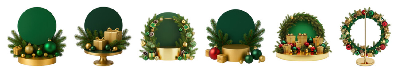 Festive Christmas display stands set including podiums, wreaths, ornaments, and gifts isolated. Seasonal product marketing elements.