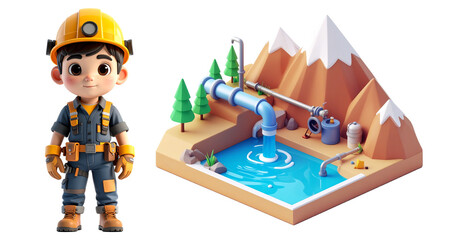 This illustration features construction workers, hydroelectric power plants, and dams. This environmentally and renewable energy-themed design is perfect for SDGs, technology, the future, and clean en