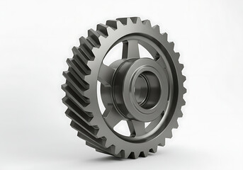 Close-up view of a single metallic gear with helical teeth, symbolizing mechanical engineering and industrial machinery components