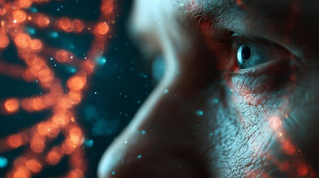 Intense eye gazes into digital helix, exploring future innovations and scientific discovery