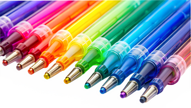 Close up of colorful gel pens isolated on transparent background, showcasing a vibrant array of writing instruments and creative tools
