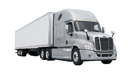 A Freightliner semi-truck, light grey cab, white ribbed trailer, chrome wheels, transparent background, soft shadow, copy space, commercial studio logistics concept