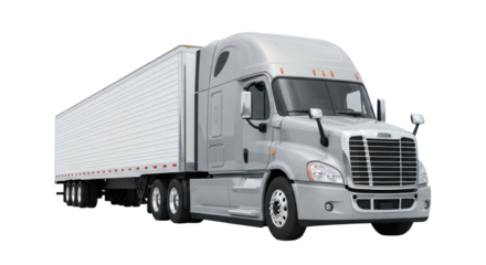 A Freightliner semi-truck, light grey cab, white ribbed trailer, chrome wheels, transparent background, soft shadow, copy space, commercial studio logistics concept