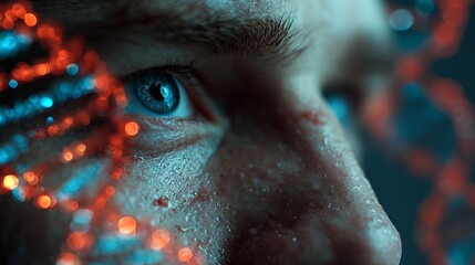 Intense blue eye gazing forward, surrounded by abstract glowing DNA helix strands and bokeh lights