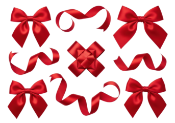 Vibrant ruby-red satin ribbons and elegant bows with a silky sheen, featuring a cross-wrapped pattern on a transparent studio background with copy space, concept of festive luxury