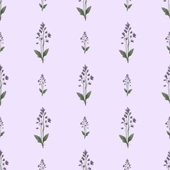 seamless floral pattern with blue and purple wildflowers on a purple background